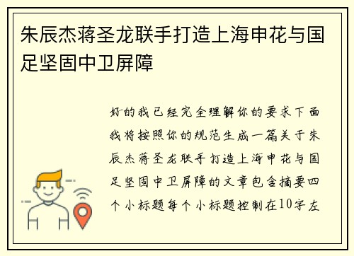 朱辰杰蒋圣龙联手打造上海申花与国足坚固中卫屏障
